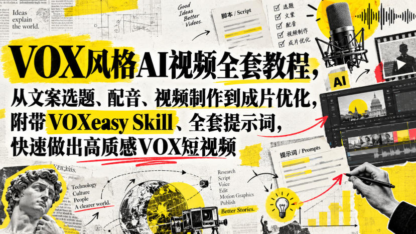 VOX风格AI视频全套教程，从文案选题、配音、视频制作到成片优化，附带VOXeasy Skill、全套提示词，快速做出高质感VOX短视频