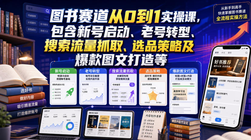 图书赛道从0到1实操课，包含新号启动、老号转型、搜索流量抓取、选品策略及爆款图文打造等