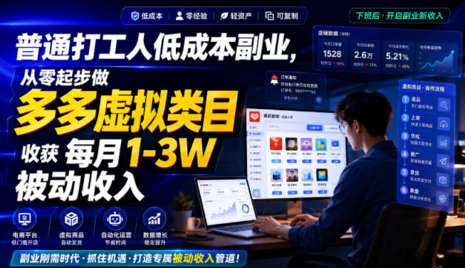 普通打工人低成本副业，从零起步做多多虚拟类目，收获每月1-3W被动收入【揭秘】