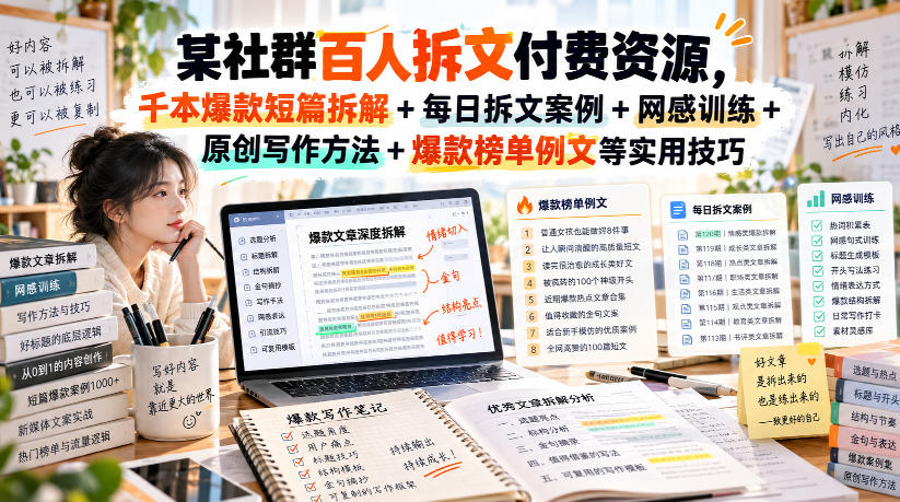 （无水印）某社群百人拆文付费资源，千本爆款短篇拆解+每日拆文案例+网感训练+原创写作方法+爆款榜单例文等实用技巧(更新1009)