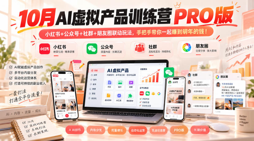 10月AI虚拟产品训练营PRO版，小红书+公众号+社群+朋友圈联动玩法，手把手带你一起赚到明年的钱！(更新1024)