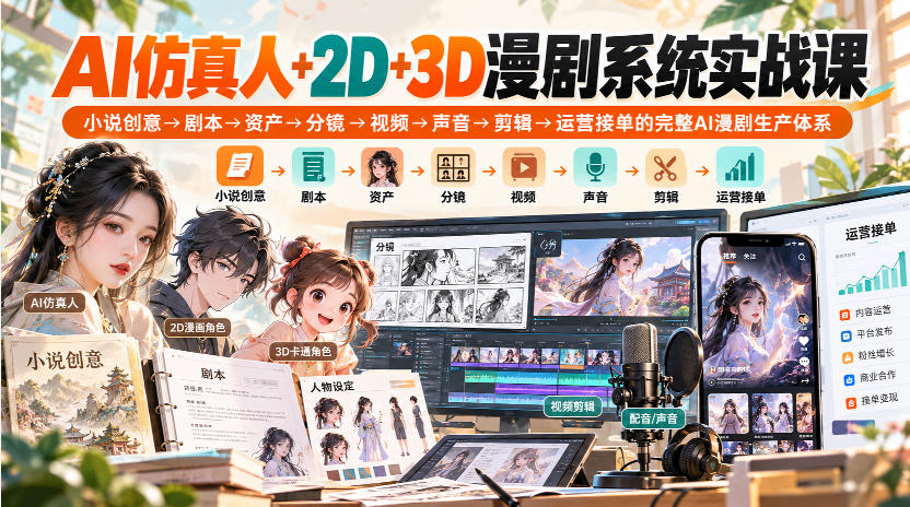 【无水印】AI仿真人+2D+3D漫剧系统实战课，小说创意→剧本→资产→分镜→视频→声音→剪辑→运营接单的完整AI漫剧生产体系