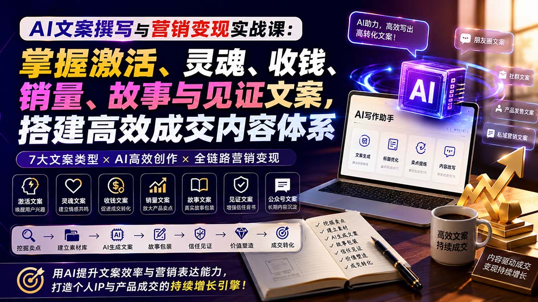 AI文案撰写与营销变现实战课：掌握激活、灵魂、收钱、销量、故事与见证文案，搭建高效成交内容体系