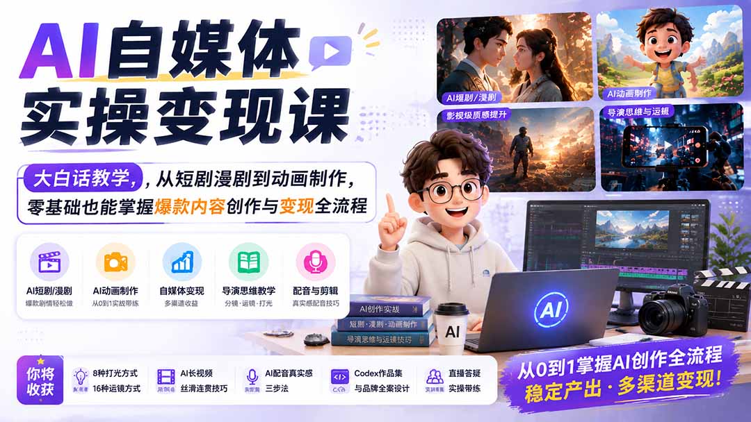 AI自媒体实操变现课｜大白话教学，从短剧漫剧到动画制作，零基础也能掌握爆款内容创作与变现全流程