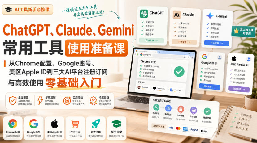 ChatGPT、Claude、Gemini常用工具使用准备课|从Chrome配置、Google账号、美区Apple ID到三大AI平台注册订阅与高效使用零基础入门
