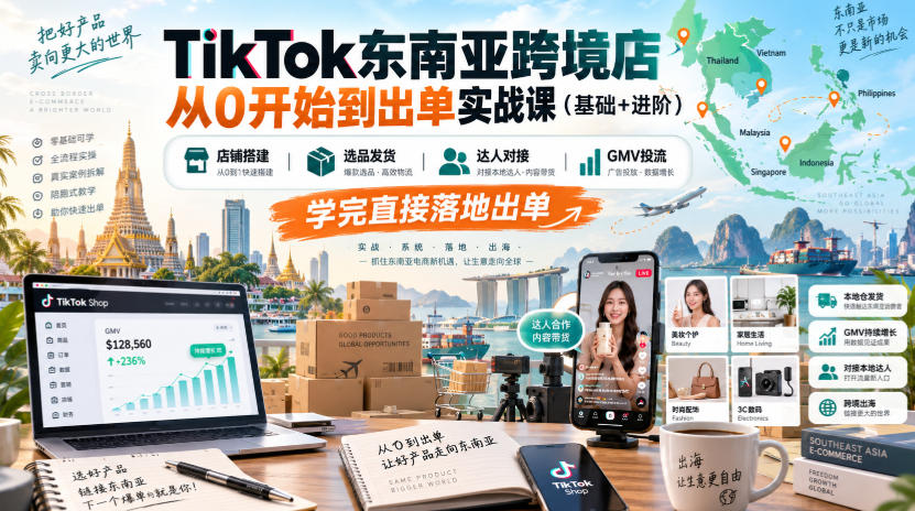 TikTok东南亚跨境店从0开始到出单实战课(基础+进阶)，店铺搭建、选品发货、达人对接、GMV投流，学完直接落地出单