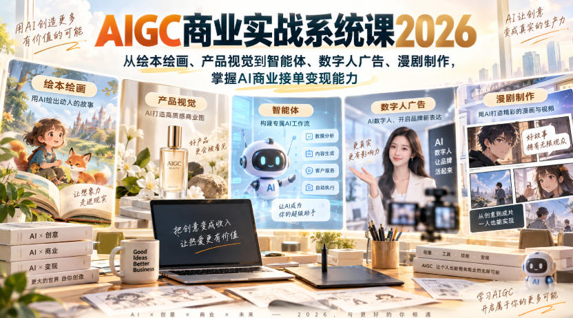 AIGC商业实战系统课2026，从绘本绘画、产品视觉到智能体、数字人广告、漫剧制作，掌握AI商业接单变现能力