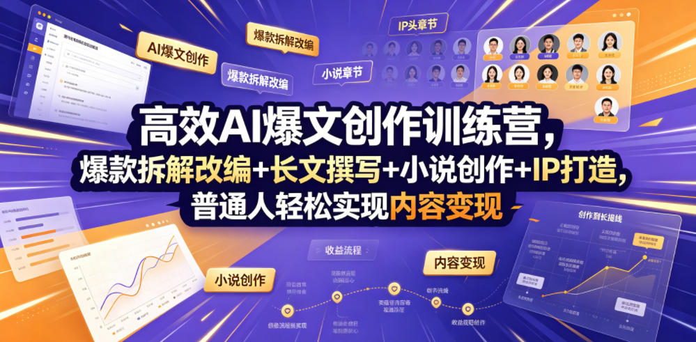 高效AI爆文创作训练营，爆款拆解改编+长文撰写+小说创作+IP打造，普通人轻松实现内容变现