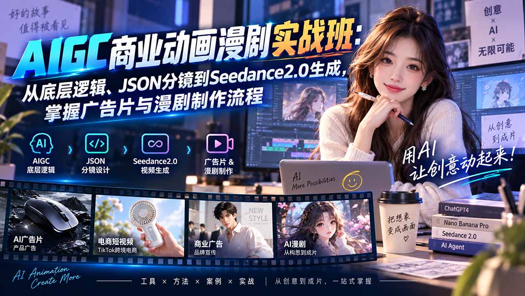 AIGC商业动画漫剧实战班-更新：从底层逻辑、JSON分镜到Seedance2.0生成，掌握广告片与漫剧制作流程