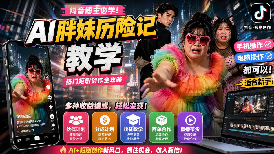 抖音博主的AI胖妹历险记教学，伙伴计划+分成计划+收徒+商单等多种收益，适合新手，手机电脑都可以操作