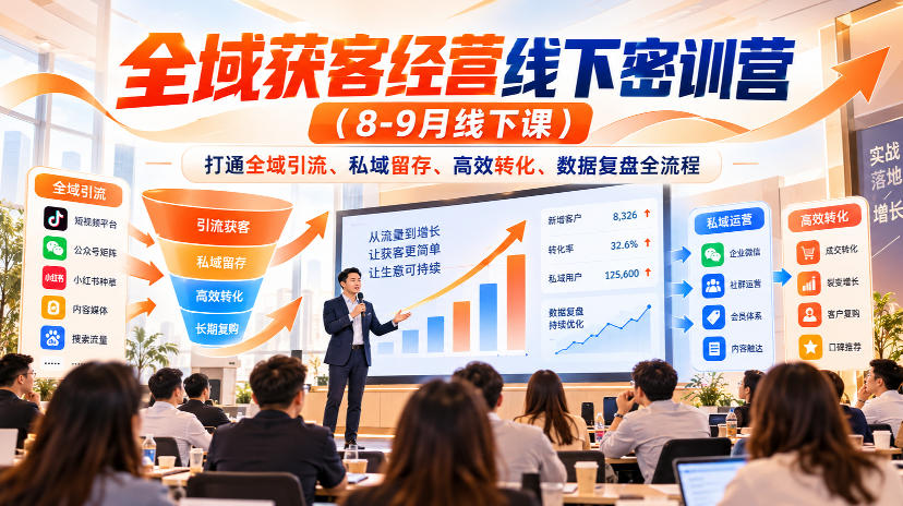 全域获客经营线下密训营(8-9月线下课)，打通全域引流、私域留存、高效转化、数据复盘全流程
