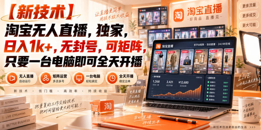 【独家新技术】淘宝无人直播，日入1k+，无封号，可矩阵，只要一台电脑即可全天开播【揭秘】