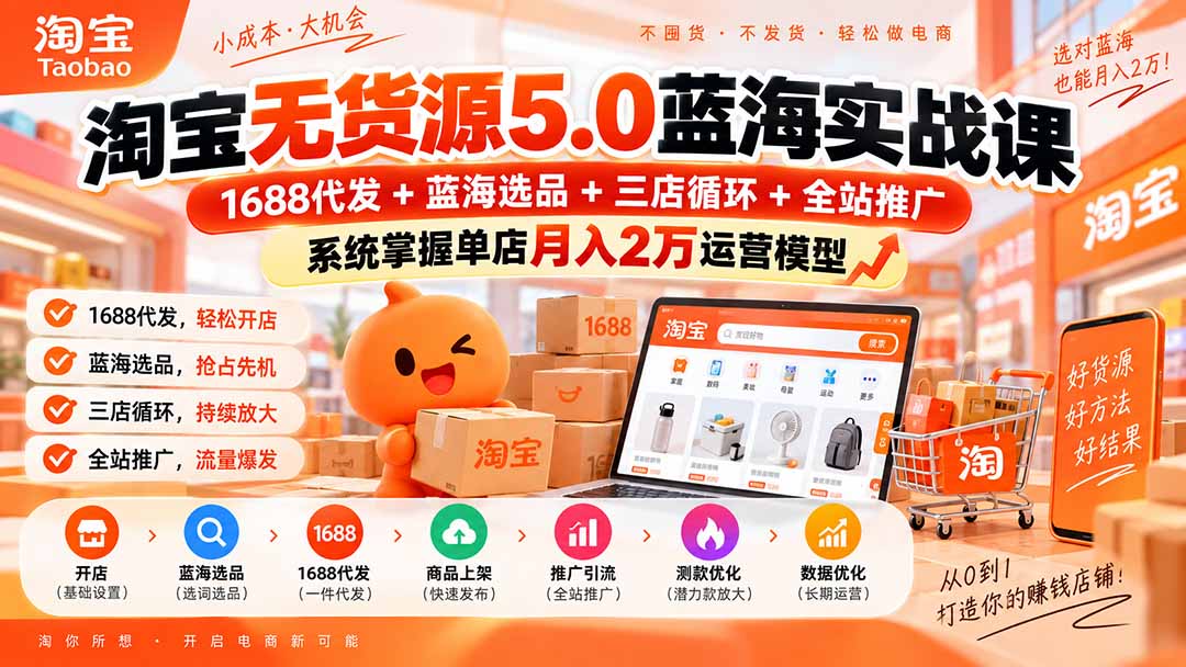 淘宝无货源5.0蓝海实战课-更新0927：1688代发+蓝海选品+三店循环+全站推广，系统掌握单店月入2万运营模型