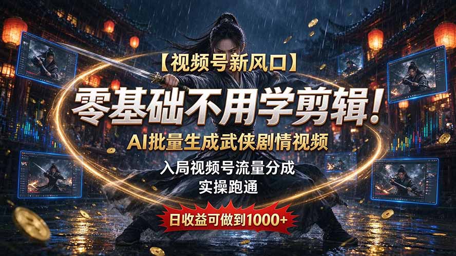 【视频号新风口】零基础不用学剪辑！AI 批量生成武侠剧情视频，入局视频号流量分成，实操跑通，日收益可做到 1000+