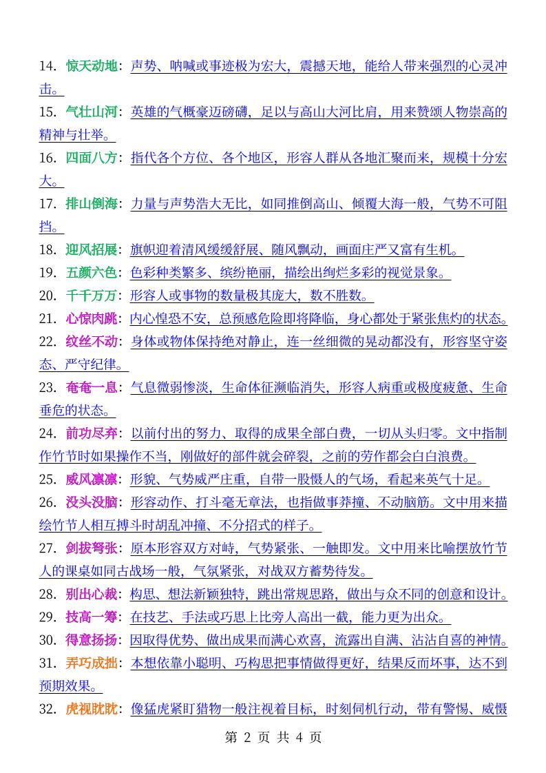 六年级上册语文必背成语及解释