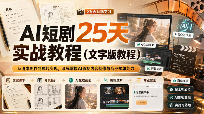 AI短剧25天实战教程(文字版教程)，从脚本创作到成片变现，系统掌握AI影视内容制作与商业接单能力