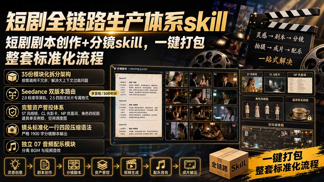 短剧全链路生产体系skill，短剧剧本创作+分镜skill，一键打包，整套标准化流程