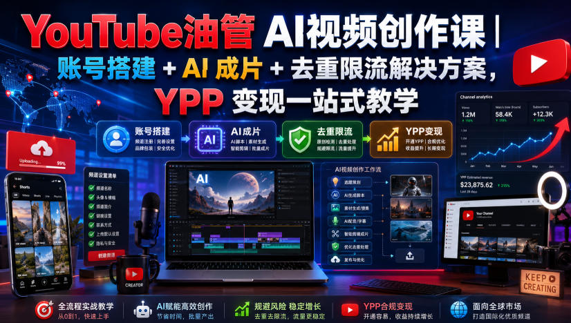 YouTube油管AI视频创作课｜账号搭建+AI成片+去重限流解决方案，YPP变现一站式教学(更新0809)