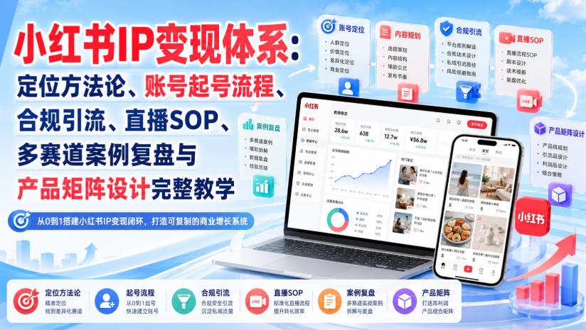 小红书IP变现体系：定位方法论、账号起号流程、合规引流、直播SOP、多赛道案例复盘与产品矩阵设计完整教学