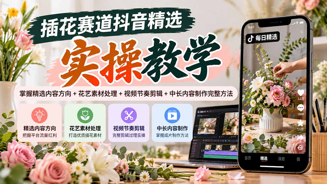 插花赛道抖音精选实操教学：掌握精选内容方向+花艺素材处理+视频节奏剪辑+中长内容制作完整方法