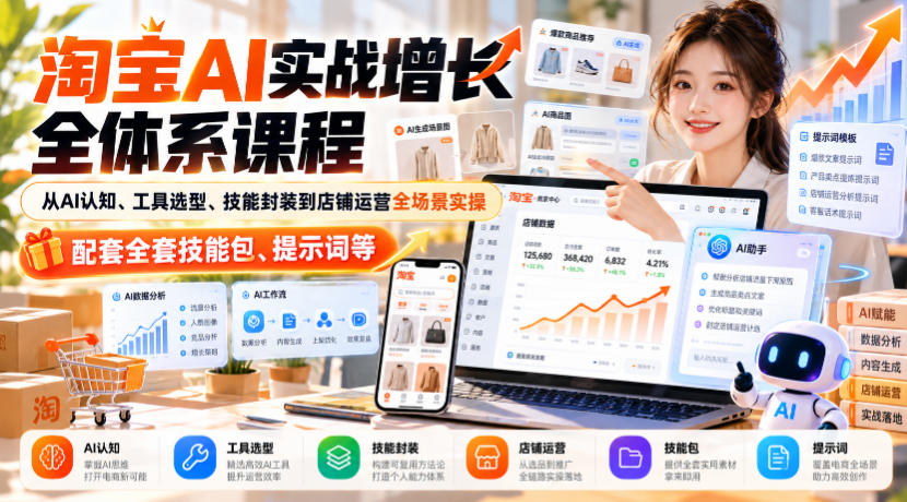 淘宝AI实战增长全体系课程，从AI认知、工具选型、技能封装到店铺运营全场景实操，配套全套技能包、提示词等