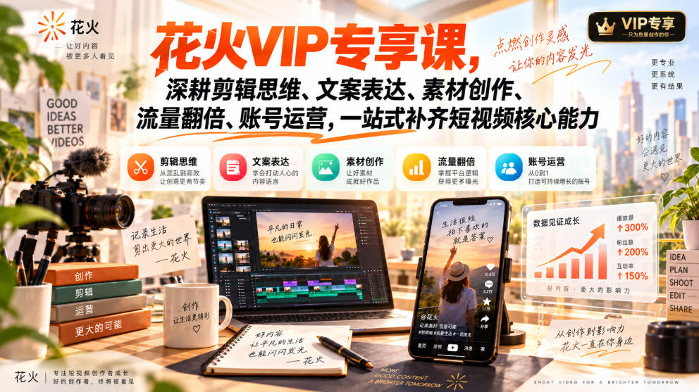 花火VIP专享课，深耕剪辑思维、文案表达、素材创作、流量翻倍、账号运营，一站式补齐短视频核心能力