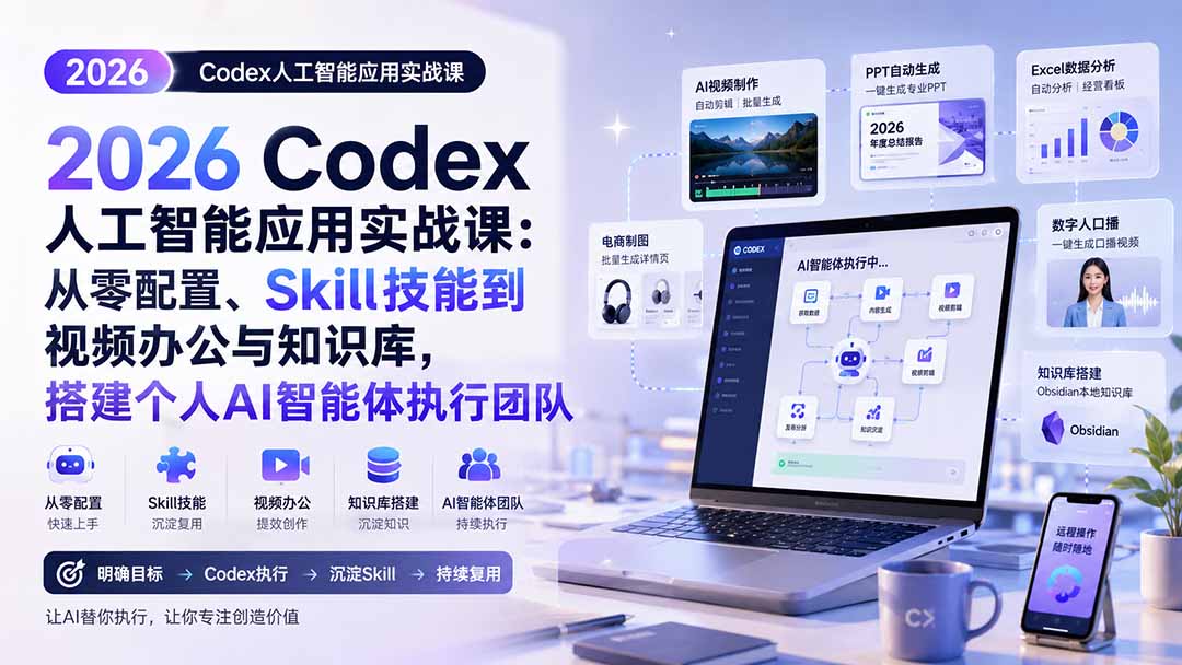 2026 Codex人工智能应用实战课：从零配置、Skill技能到视频办公与知识库，搭建个人AI智能体执行团队