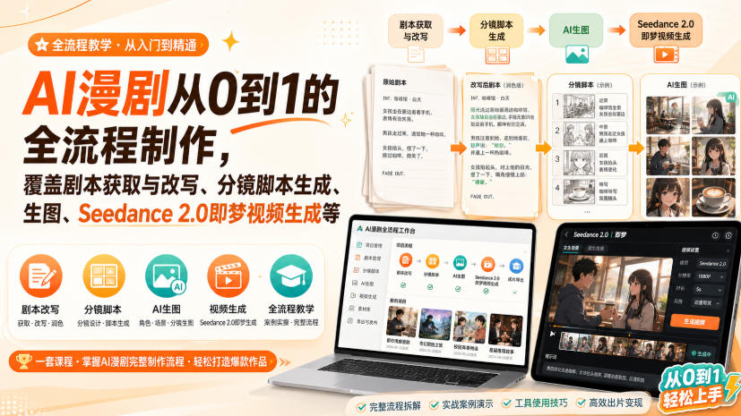 AI漫剧从0到1的全流程制作，覆盖剧本获取与改写、分镜脚本生成、角色场景生图与三视图、Seedance 2.0即梦视频生成(PDF版)