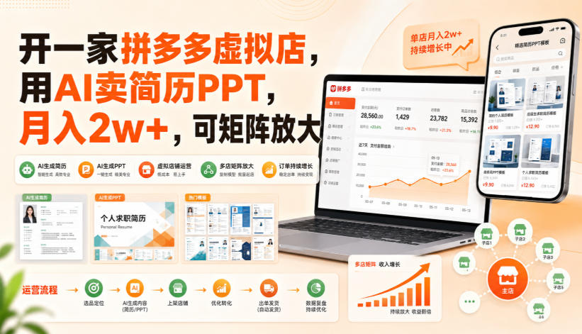 开一家拼多多虚拟店，用AI卖简历PPT，月入2w+，可矩阵放大【揭秘】