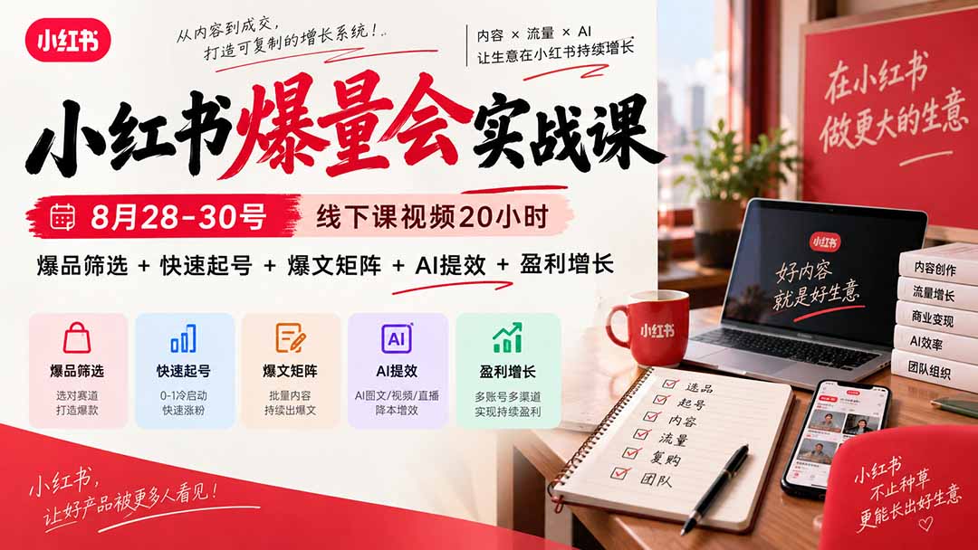 小红书爆量会实战课-更新9月23：线下课视频20小时，爆品筛选+快速起号+爆文矩阵+AI提效+盈利增长