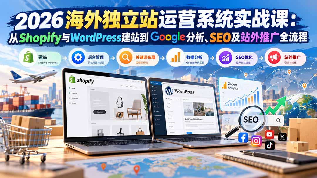 2026海外独立站运营系统实战课：从Shopify与WordPress建站到Google分析、SEO及站外推广全流程