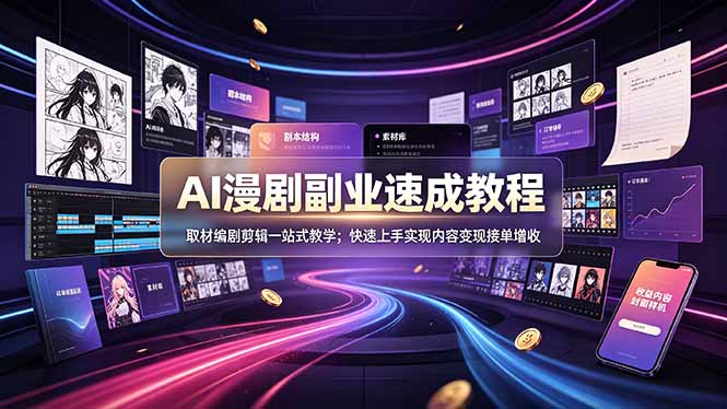 AI漫剧副业速成教程，取材编剧剪辑一站式教学；快速上手实现内容变现接单增收