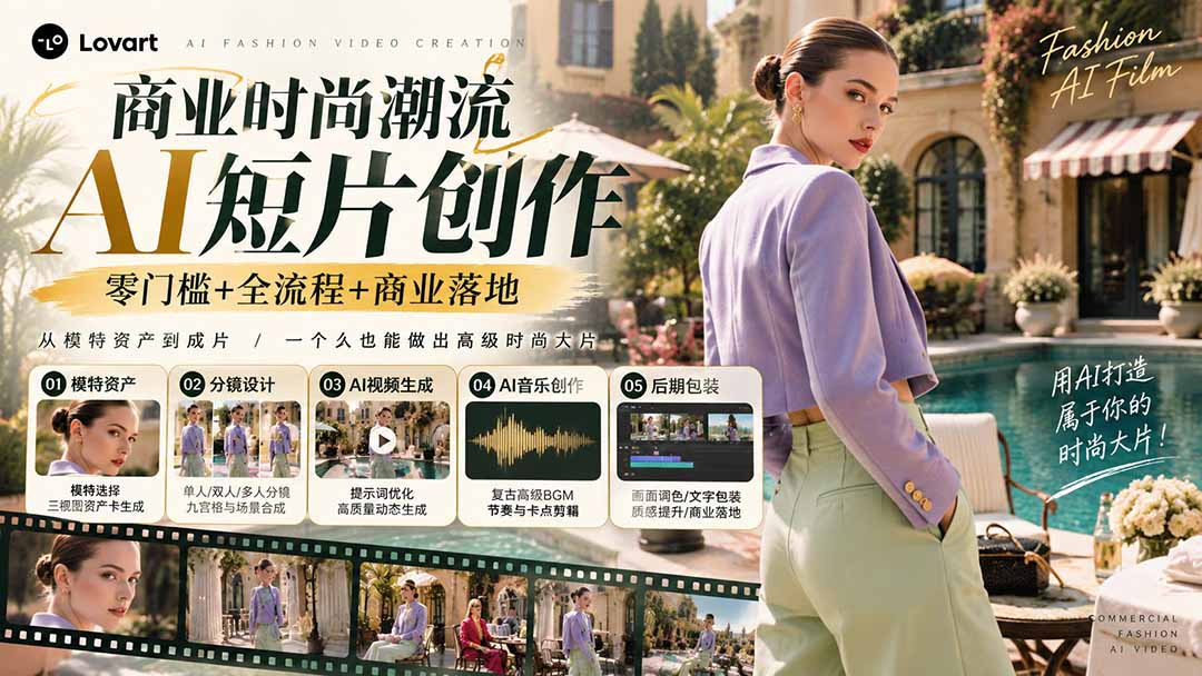 从一张模特图到高级时尚广告大片：AI三视图资产、场景合成、电影分镜、动态生成与复古音乐剪辑实战课