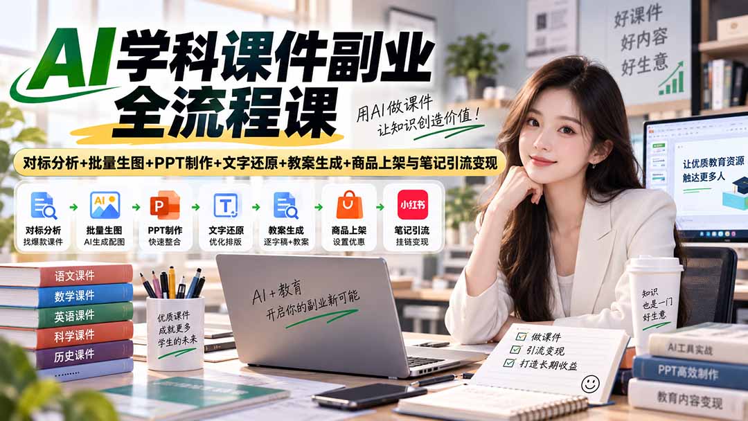 AI学科课件副业全流程课｜对标分析+批量生图+PPT制作+文字还原+教案生成+商品上架与笔记引流变现