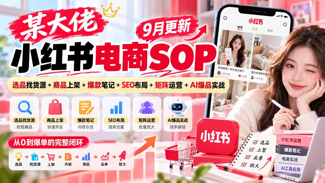 某大佬小红书电商SOP｜9月更新：选品找货源+商品上架+爆款笔记+SEO布局+矩阵运营+AI爆品实战