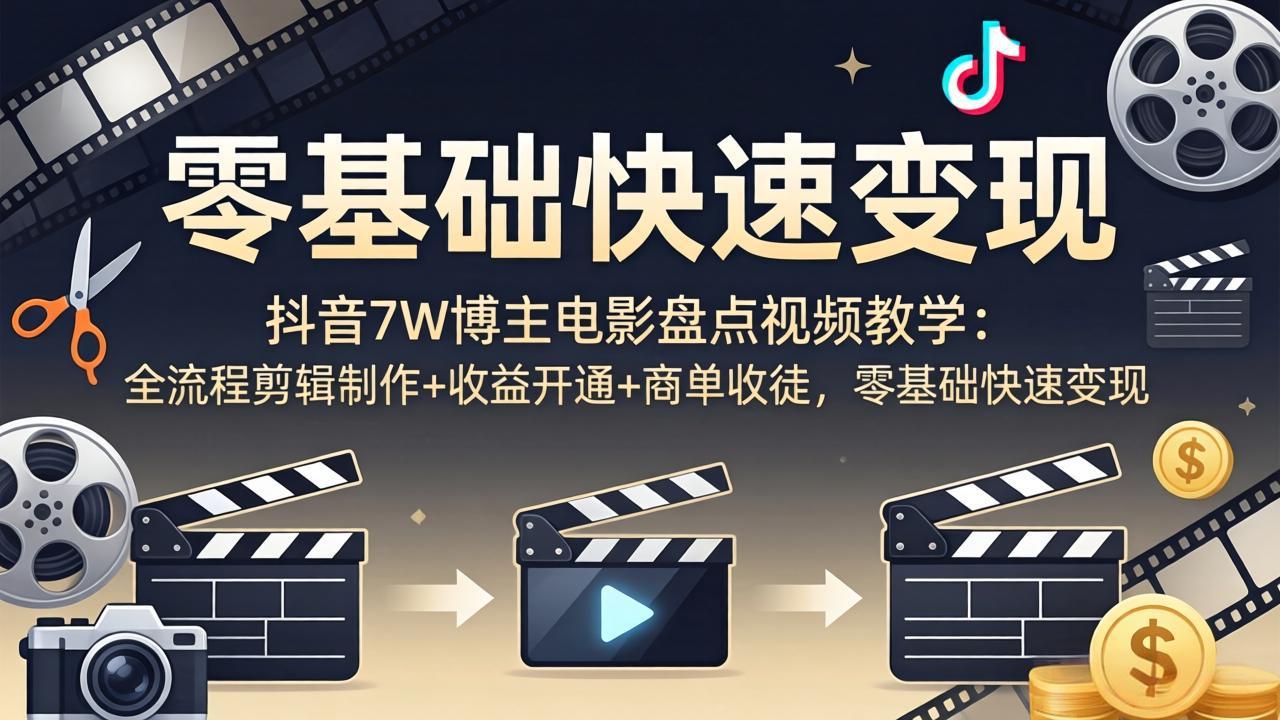 抖音7W博主电影盘点视频教学：全流程剪辑制作+收益开通+商单收徒，零基础快速变现