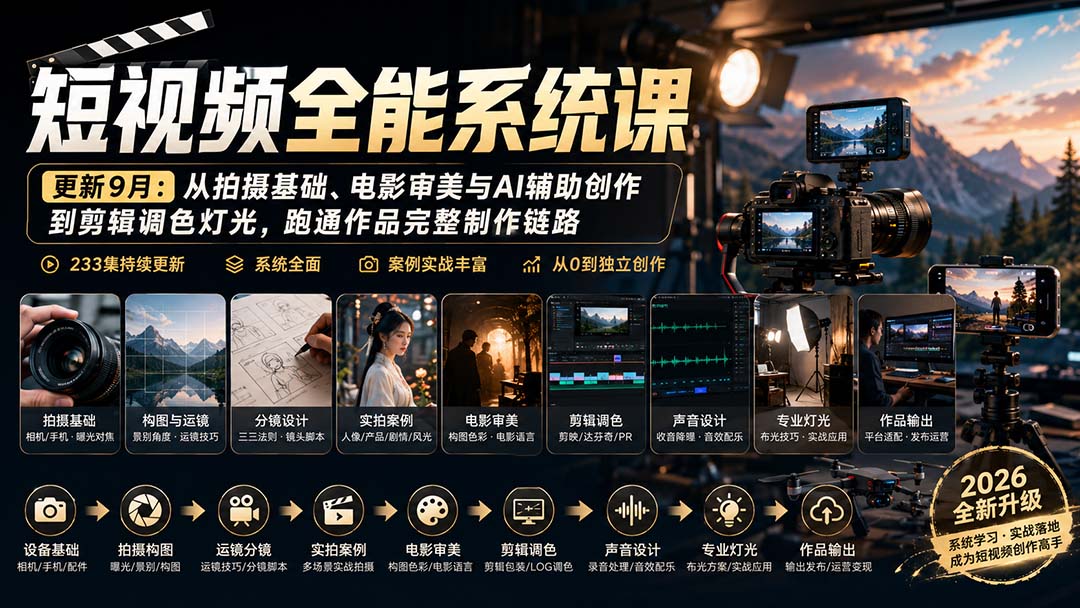 短视频全能系统课-更新8月233集：从拍摄基础、电影审美与AI辅助创作到剪辑调色灯光，跑通作品完整制作链路
