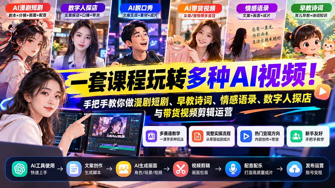 【无水印】一套课程玩转多种AI视频！手把手教你做漫剧短剧、早教诗词、情感语录、数字人探店与带货视频剪辑运营