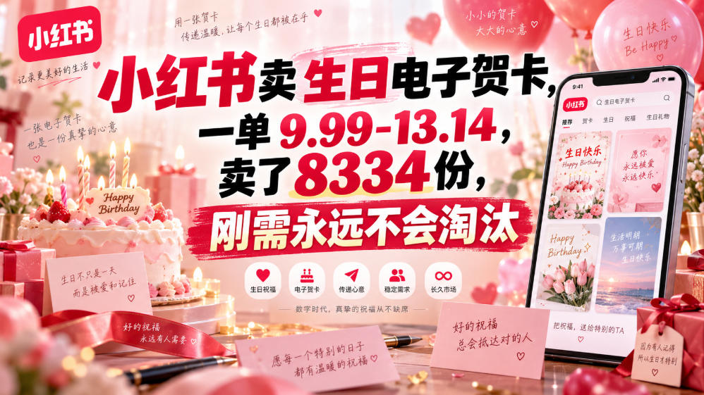 小红书卖生日电子贺卡，一单9.99-13.14，卖了8334份，刚需永远不会淘汰