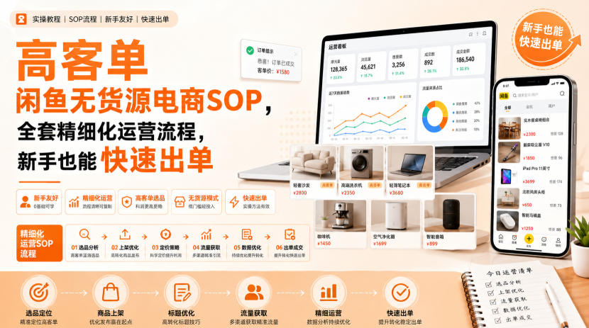 高客单闲鱼无货源电商SOP，全套精细化运营流程，新手也能快速出单