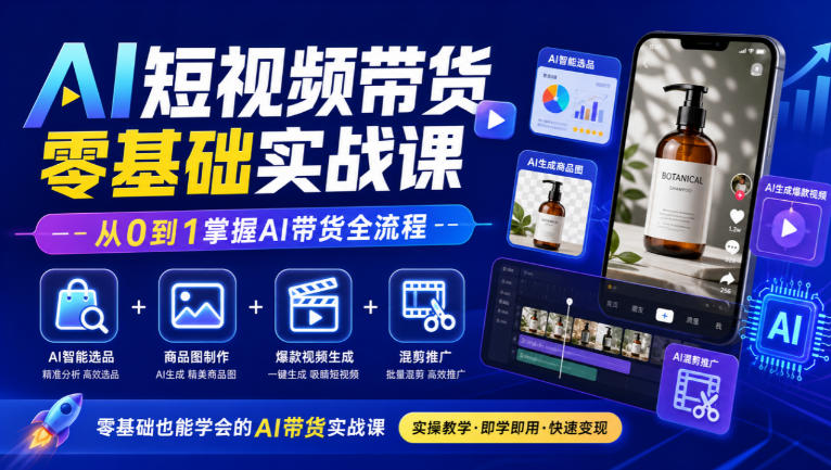 AI短视频带货零基础实战课｜AI智能选品+商品图制作+爆款视频生成+混剪推广，从0到1掌握AI带货全流程