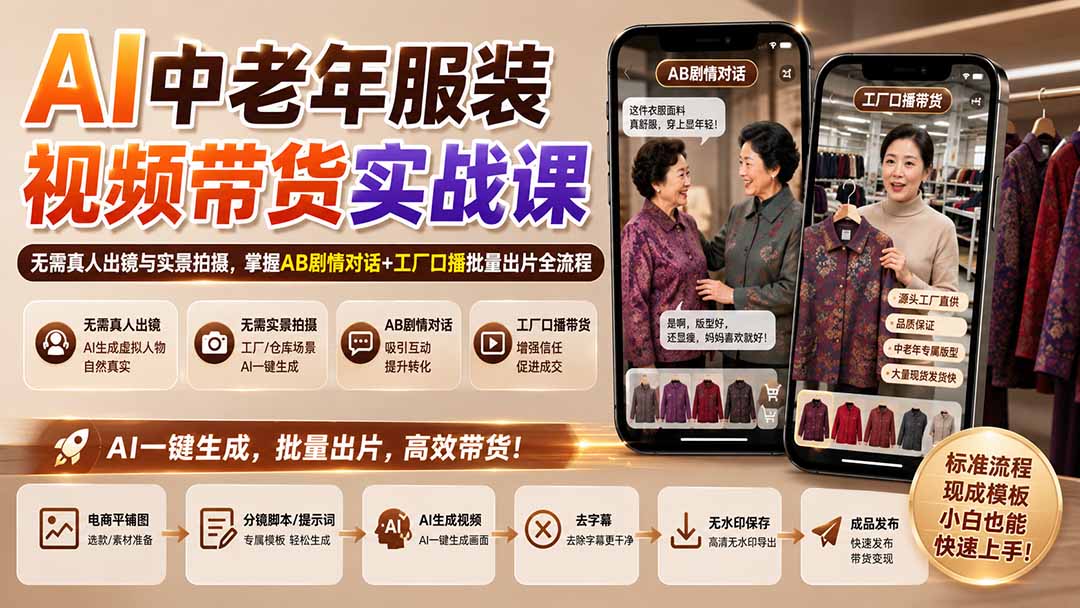 AI中老年服装视频带货实战课：无需真人出镜与实景拍摄，掌握AB剧情对话+工厂口播批量出片全流程