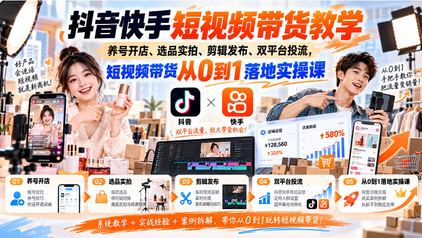 抖音快手短视频带货教学｜养号开店、选品实拍、剪辑发布、双平台投流，短视频带货从0到1落地实操课