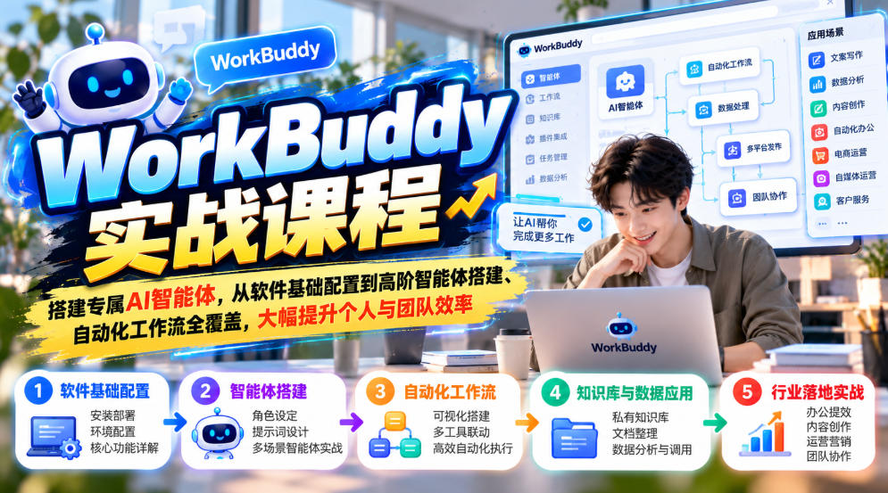 WorkBuddy实战课程，搭建专属AI智能体，从软件基础配置到高阶智能体搭建、自动化工作流全覆盖，大幅提升个人与团队效率
