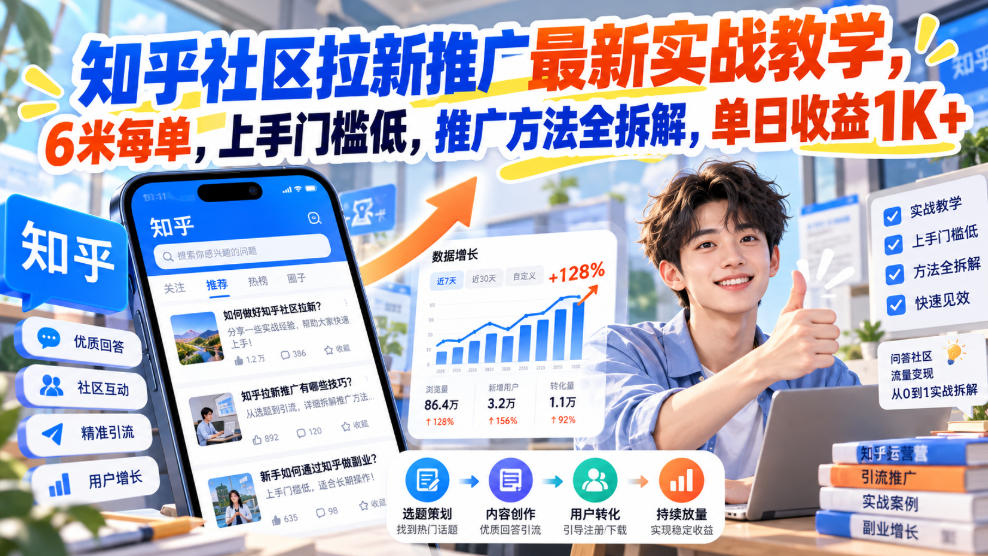知乎社区拉新推广最新实战教学，6米每单，上手门槛低，推广方法全拆解，单日收益1K+！(更新1030)