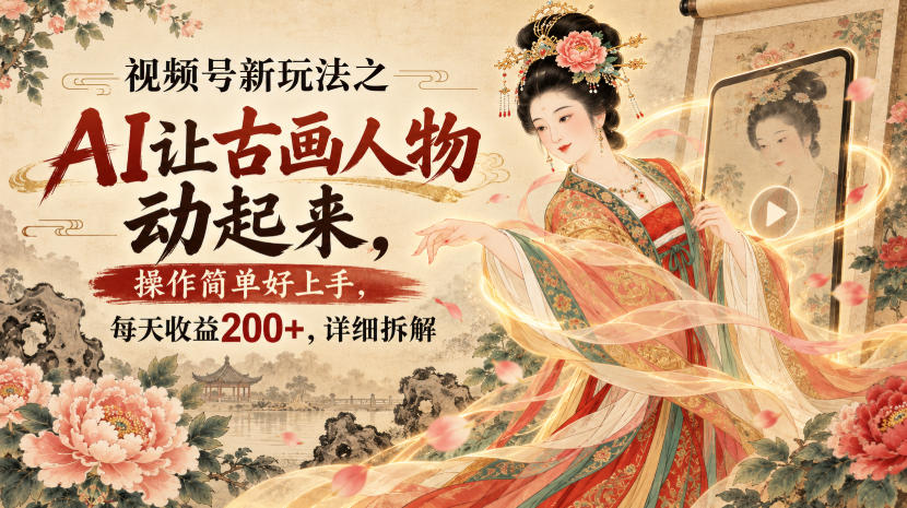 视频号新玩法之AI让古画人物动起来，操作简单好上手，每天收益200+，详细拆解