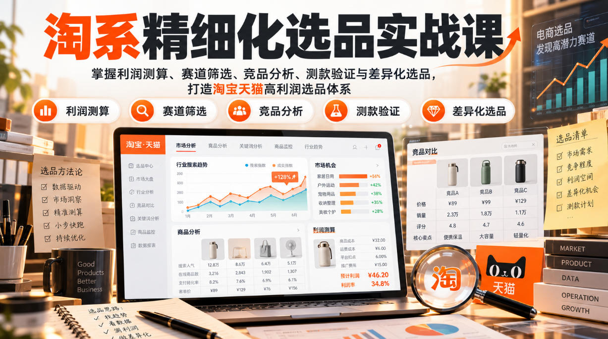 货架电商精细化选品实战课：掌握利润测算、赛道筛选、竞品分析、测款验证与差异化选品，打造淘宝天猫高利润选品体系