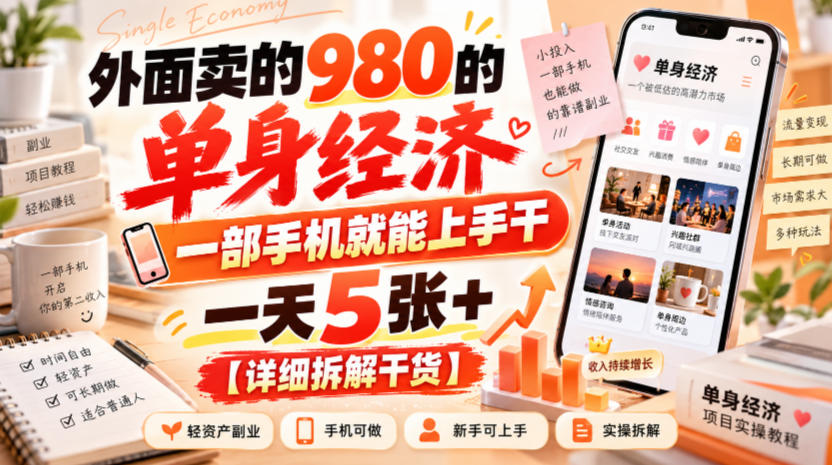 外面卖的980的单身经济，一部手机就能上手干，一天5张+【详细拆解干货】