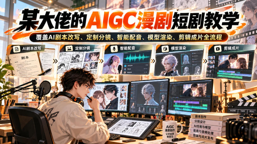 某大佬的AIGC漫剧短剧教学，覆盖AI剧本改写、定制分镜、智能配音、模型渲染、剪辑成片全流程