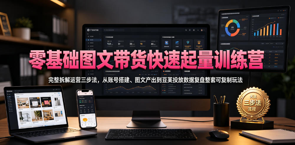 零基础图文带货快速起量训练营，完整拆解运营三步法，从账号搭建、图文产出到豆荚投放数据复盘整套可复制玩法